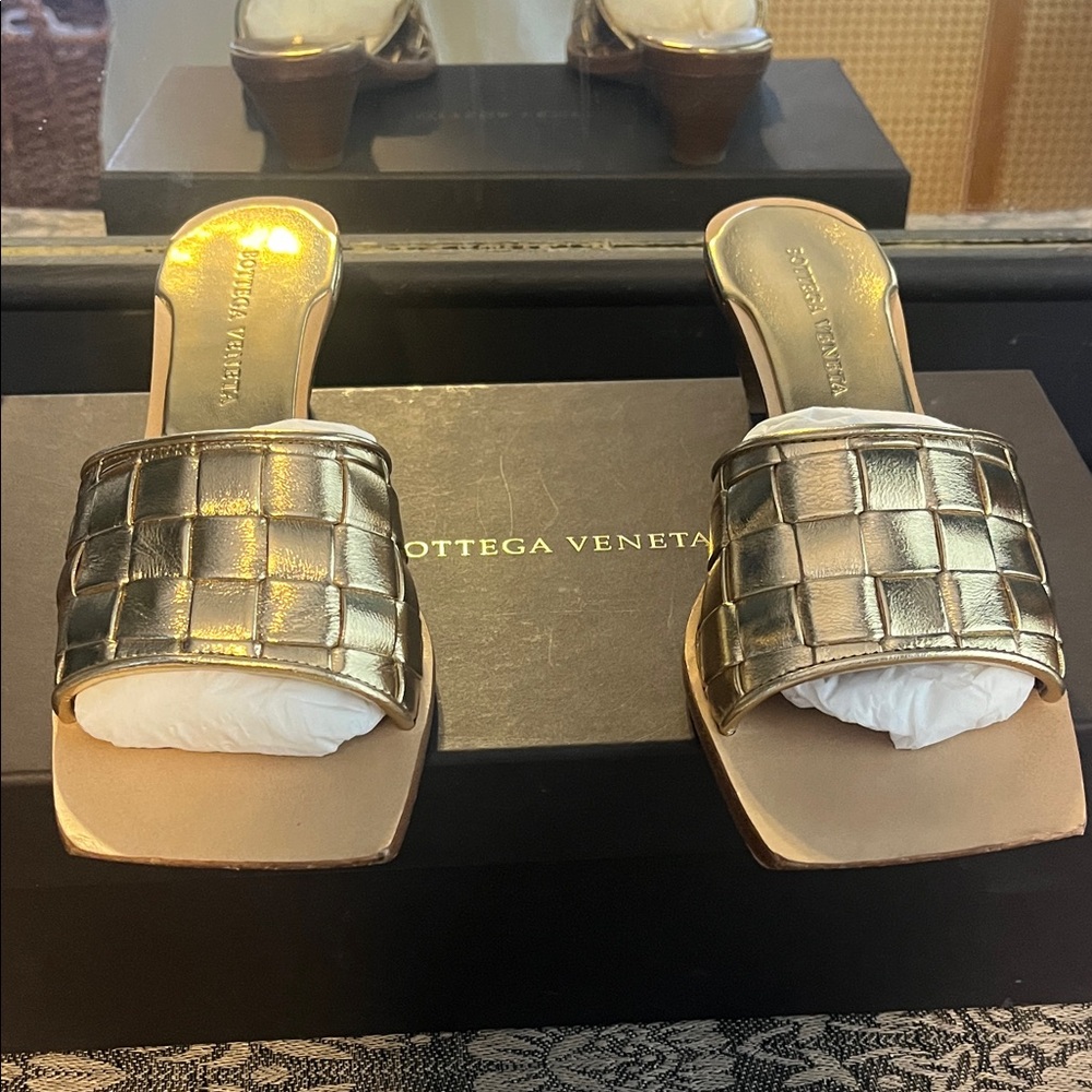 Bottega Veneta Metallic Gold Woven Mules